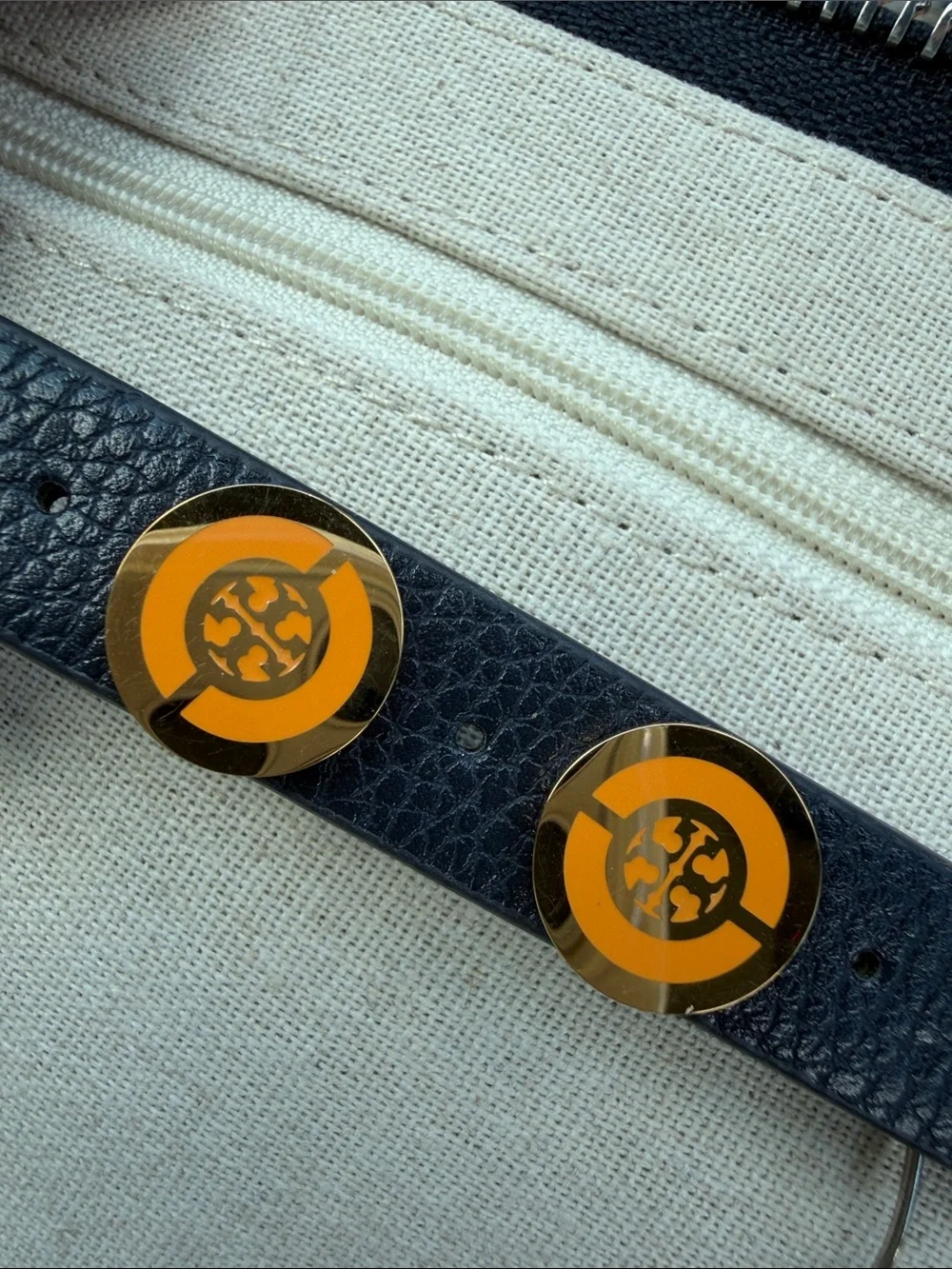 Tory Burch Gold and Orange Logo Stud Earrings